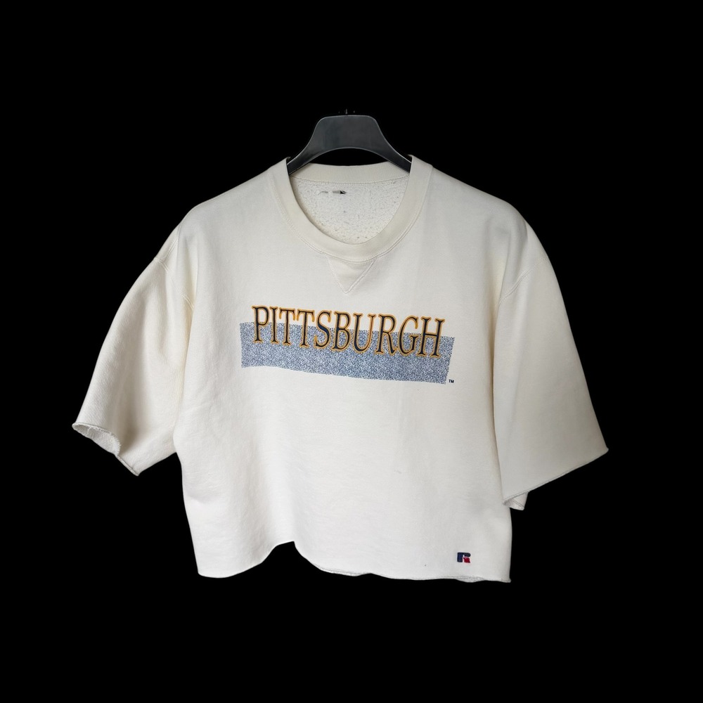 80's Russell Pittsburgh Cropped Sweatshirt Mens Off White Raw Hem Short Sleeve